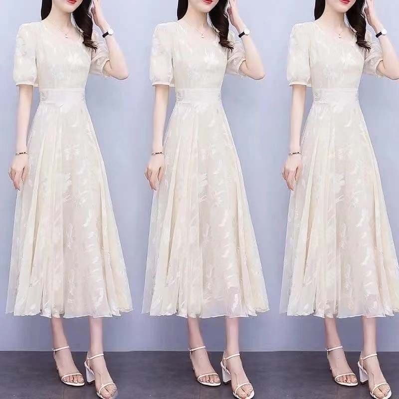 Summer New Short-Sleeved Floral Dress for Middle-Aged Mothers, Fashionable Korean Style Waist-Cinching Slimming Skirt