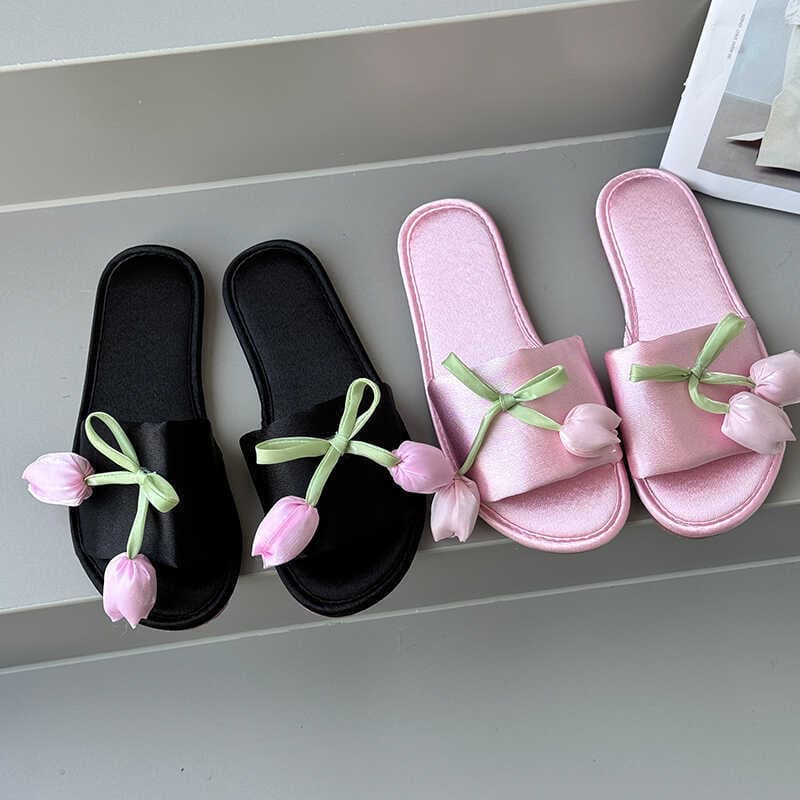Sweet Tulip Slippers for Women Indoor Home Anti-Slip Lightweight Satin Flower Slippers Suitable for Outdoor Wear