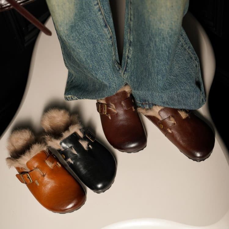 Leather Version Autumn/Winter Plush Lined Genuine Leather Thick Sole Birkenstock Shoes Slip-on Rabbit Fur Half Slippers for Women Outdoor Wear