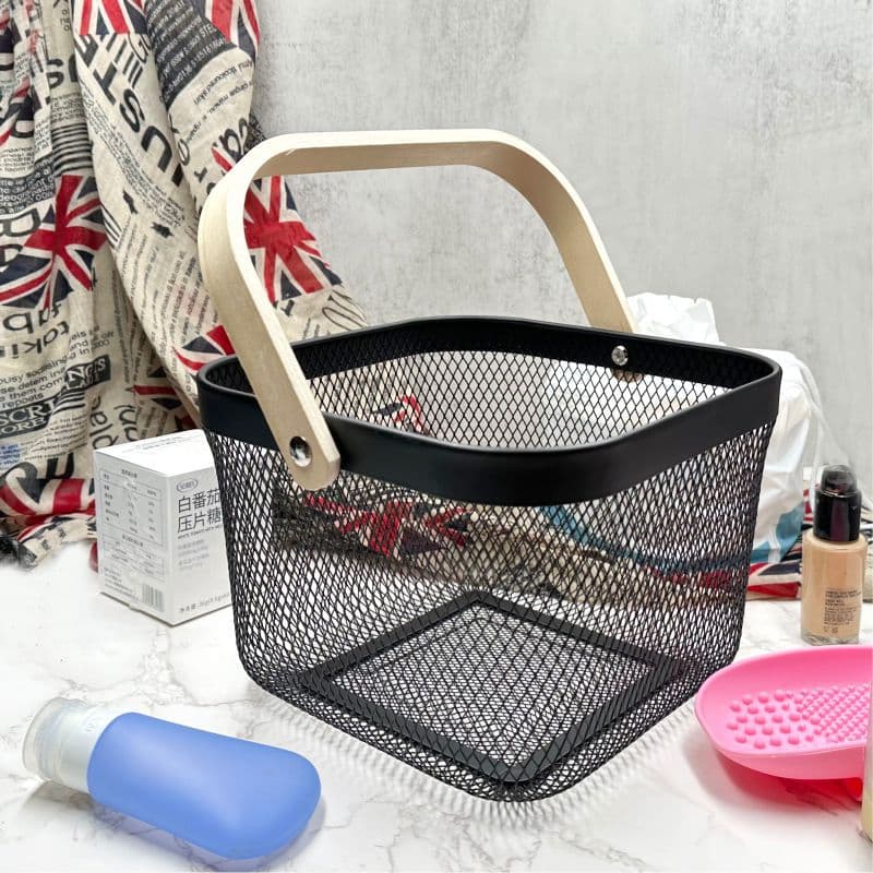 Factory Direct Wood Handle Storage Wire Mesh Fruit Basket Hollow Picnic Storage Basket Iron Handheld Organizer Basket