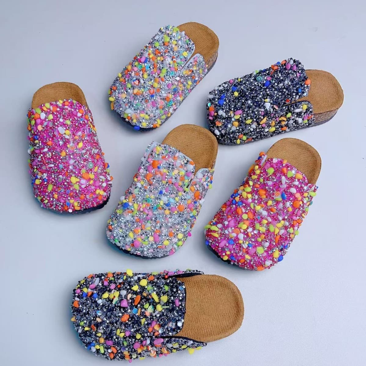 New Style Children's Multicolored Rhinestone Korean Semi-Slip-On Shoes with Cork Sole Closed-Toe Comfortable Anti-Slip Slippers