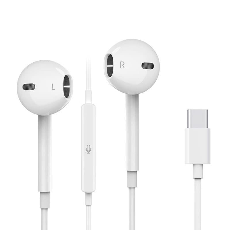 Compatible with Apple iPhone 15 Pro Max wired headphones, Type-C in-ear style, with microphone for calls and in-line controls.