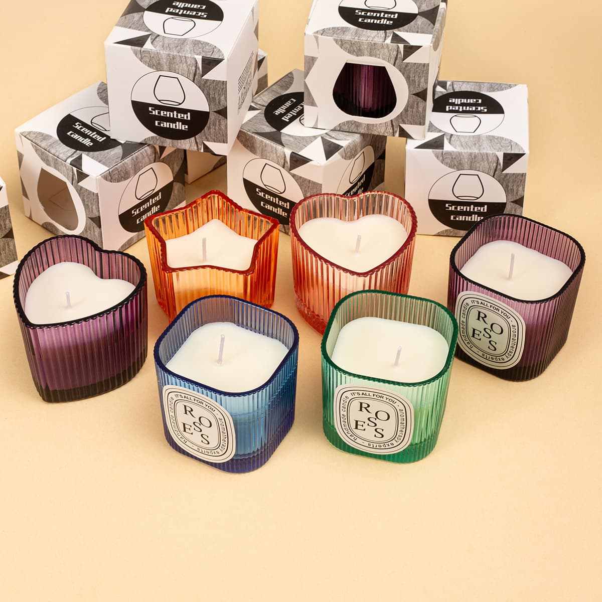 Scented Candle Glass Cup Striped Cup Light and Shadow Romantic Candlelight Dinner Heart Glass Cup Holiday Decoration Candle