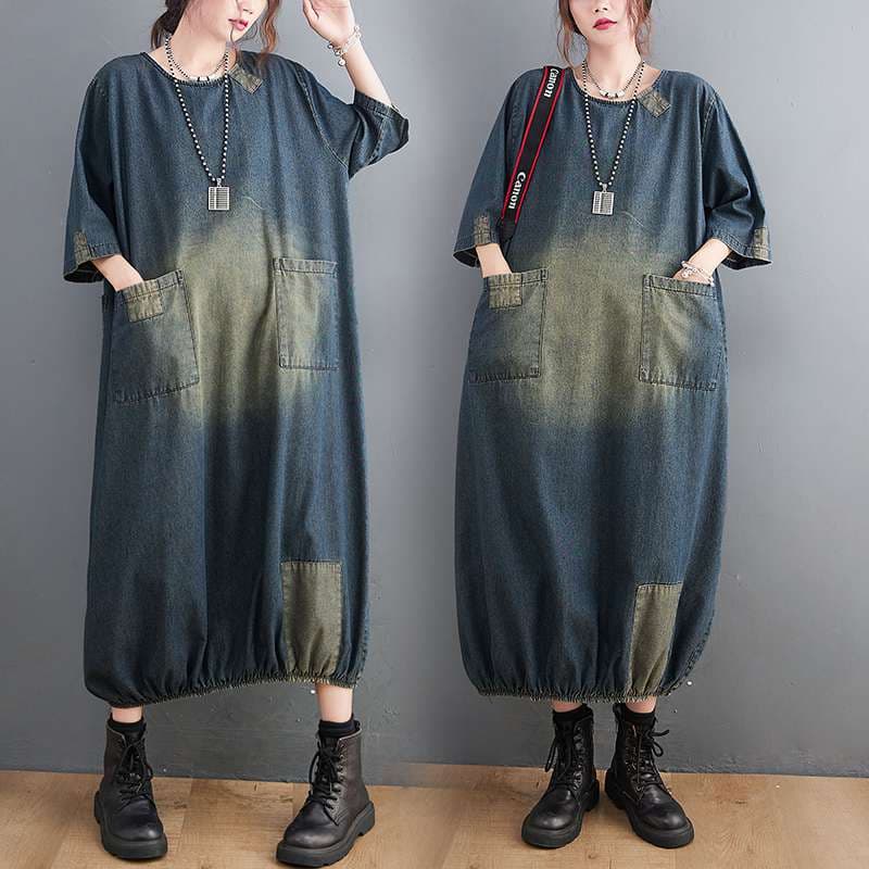 Actual Photo In Stock Plus Size Artistic Patch Denim Midi Dress Spring Summer Loose Fit Cover-Up Robe