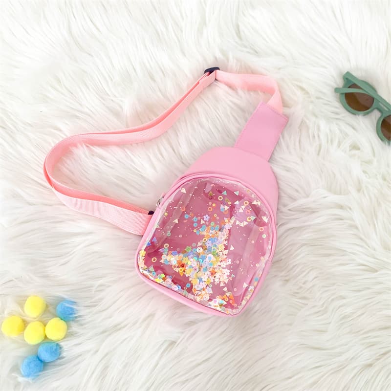 2022 New Solid Color PU Leather Children's Chest Bag with Flowing Sand Lightweight Shoulder Bag, Trendy and Cool Crossbody Bag for Kids