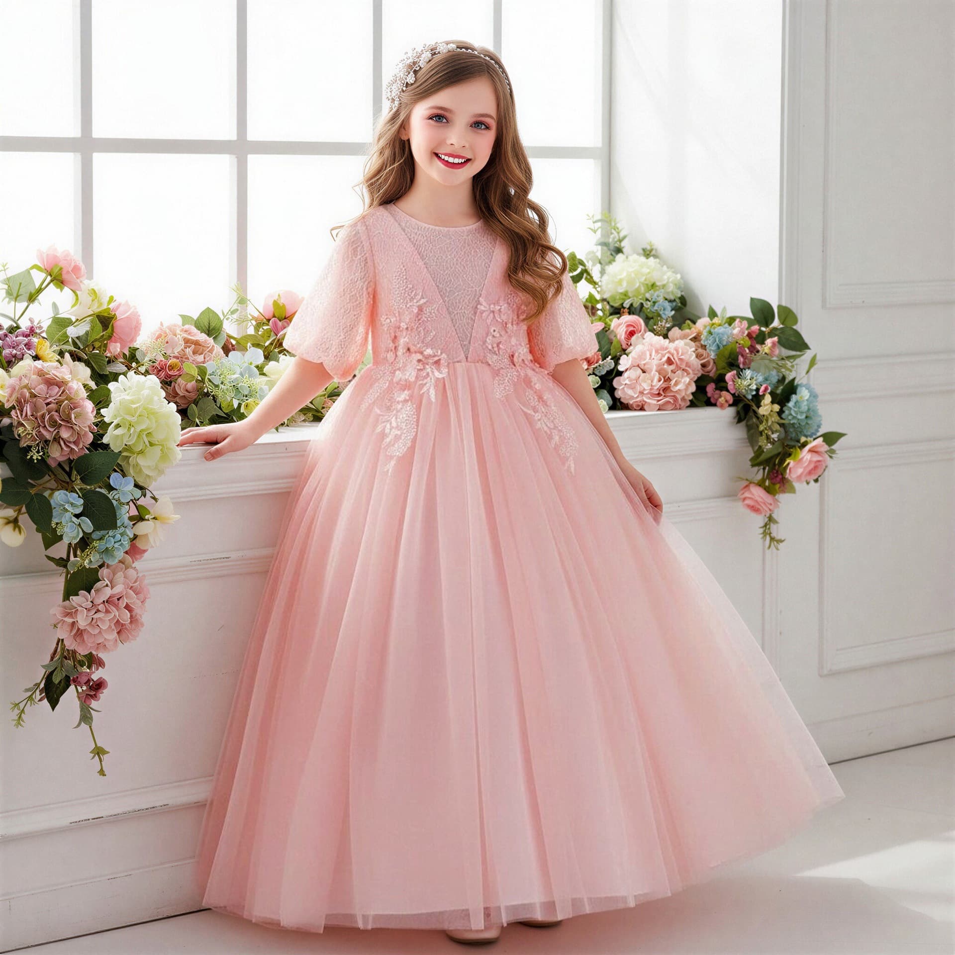 Girls Long Formal Dress Embroidered Tulle Princess Dress Little Host Piano Performance Dress Wedding Flower Girl Dress