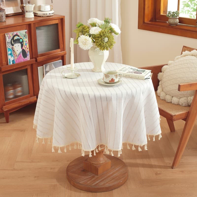 Lexuan Hollow-out Yarn-dyed Striped Tassel Round Tablecloth, Ins Style Camping Atmosphere Restaurant Fabric Linen Tablecloth