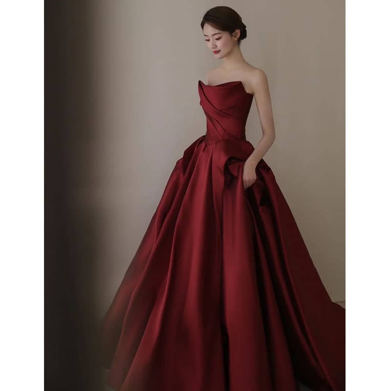 Wine Red Bride Toast Dress High-End Wedding Gown for Women Wearable for Daily Use Strapless Unique French Style Return Banquet Engagement Dress