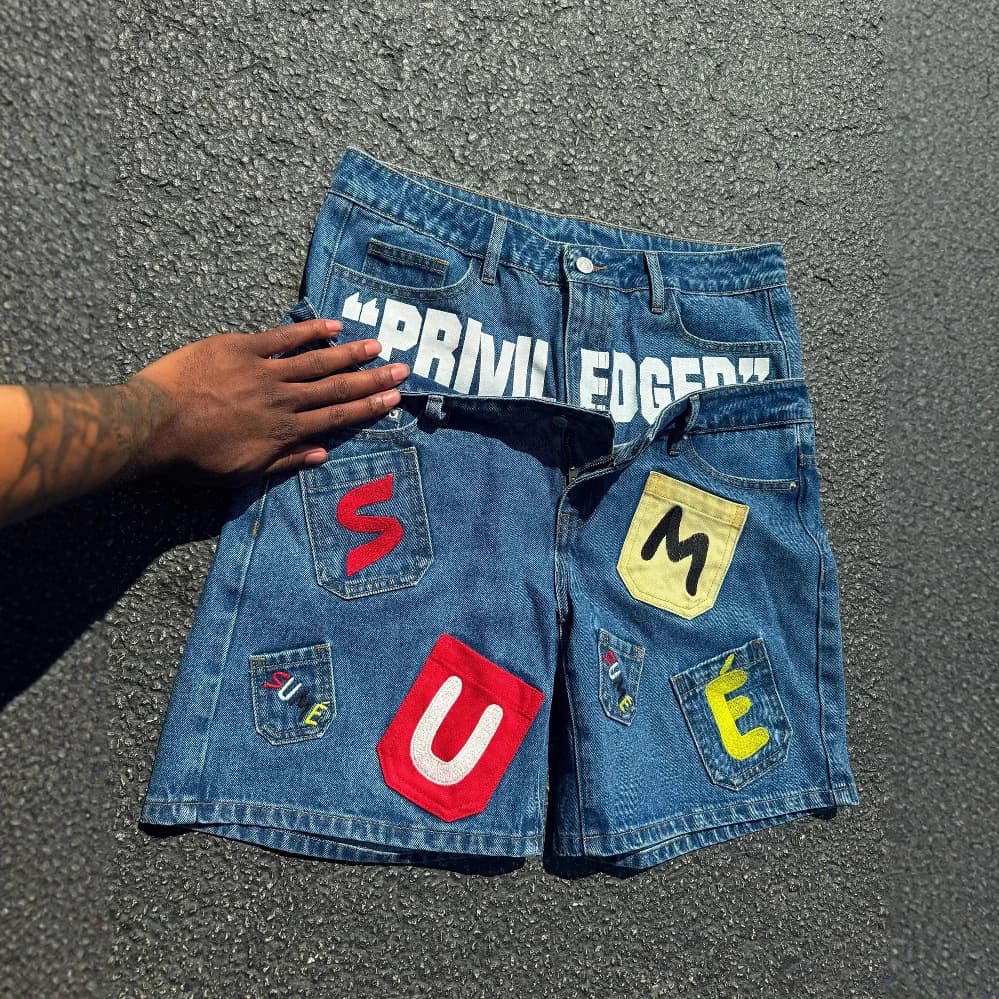 European and American Hip Hop Letter Patch Denim Shorts Summer Y2K Retro Personality Fashion Fake Two-Layer Gothic Rock