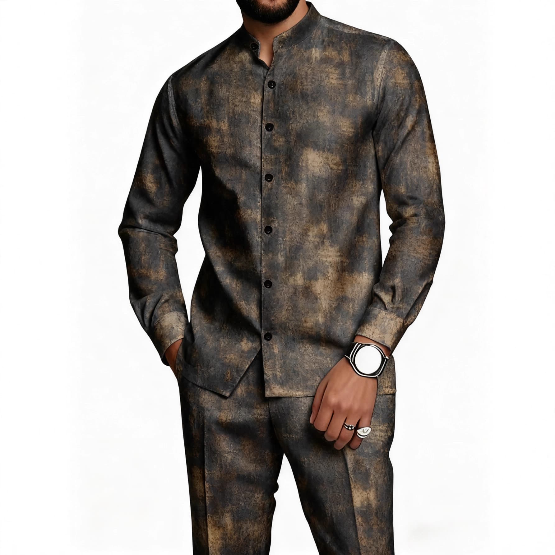 Retro tie-dye men's suit 2025 new stand-up collar shirt and trousers are breathable and suitable for business and leisure occasions