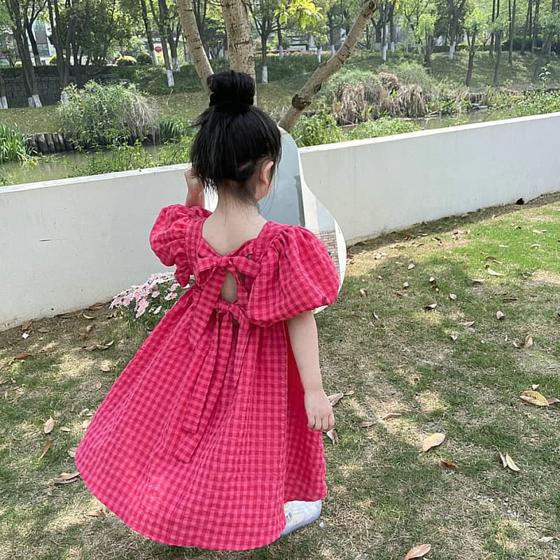 Girls' Dress Puff Sleeve Plaid Tie Princess Dress 2026 Summer New Style Export Children's Clothing Drop Shipping