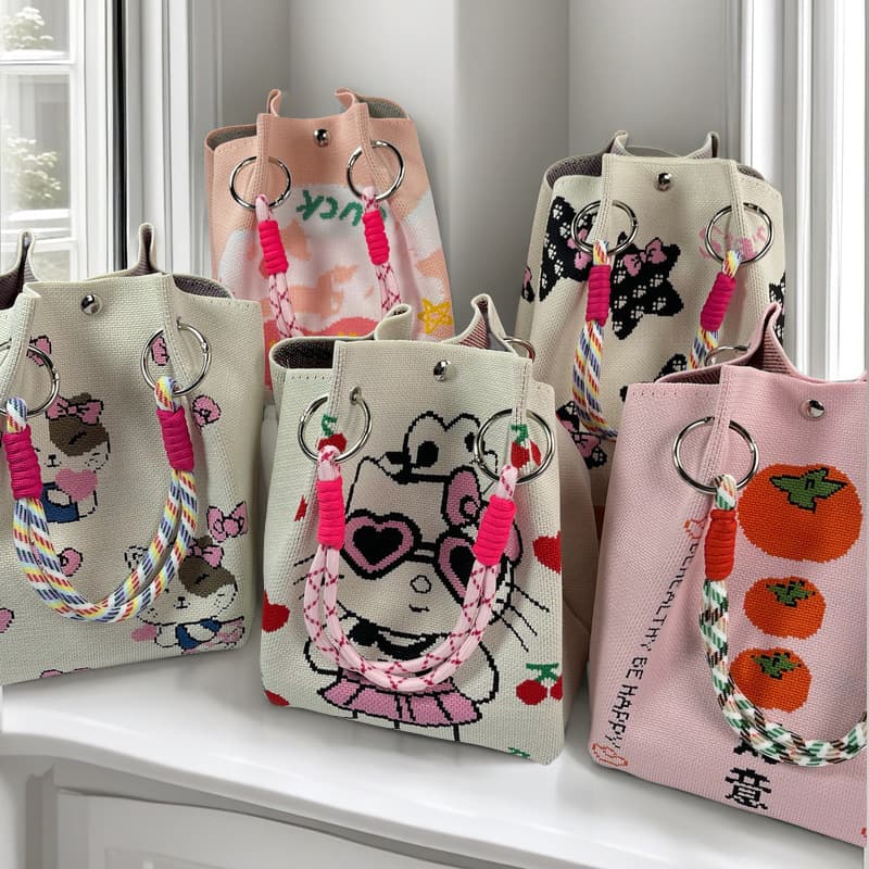 New Spring/Summer Korean Version Floral Knitted Water Bucket Bag, Outing Travel Hand Carry Versatile Commute Portable Tote