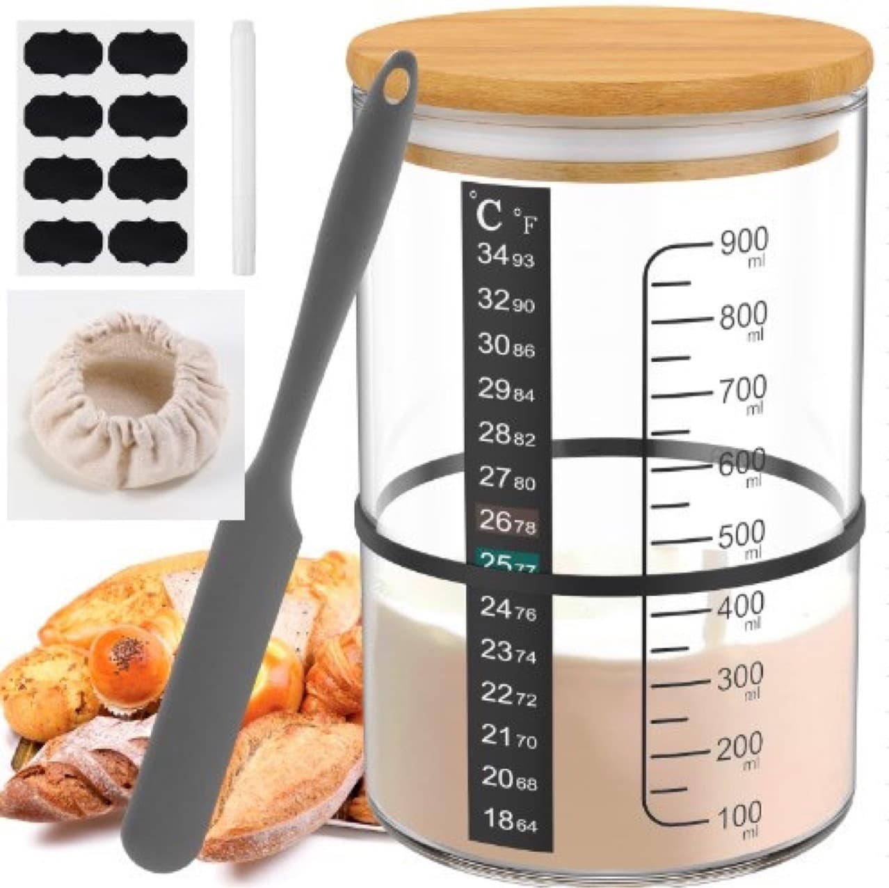 Borosilicate Glass Sourdough Starter Jar with Scale, Yeast Culture Container, Bread Baking Supplies, Sealed Jar