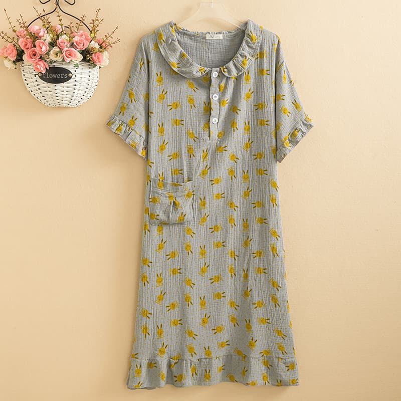 Women's Summer Round Neck Nightgown Double-Layer Cotton Gauze Thin Midi Length Sleepwear Plus Size 200 Jin Loose Fit Ladies Homewear