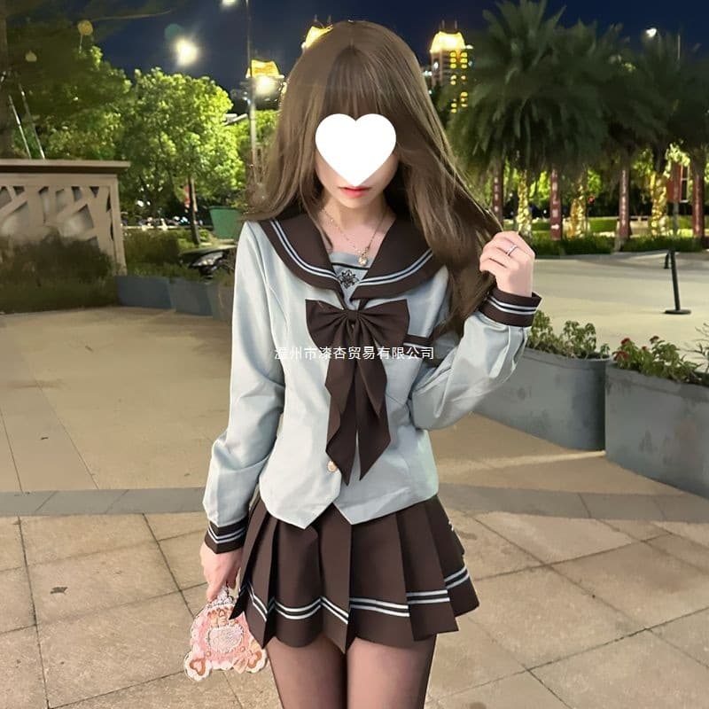 Purple Sweet Potato Tangyuan Original [Agave] JK Uniform Autumn/Winter Mint Green Short-Sleeve Sailor Top Brown Skirt Set