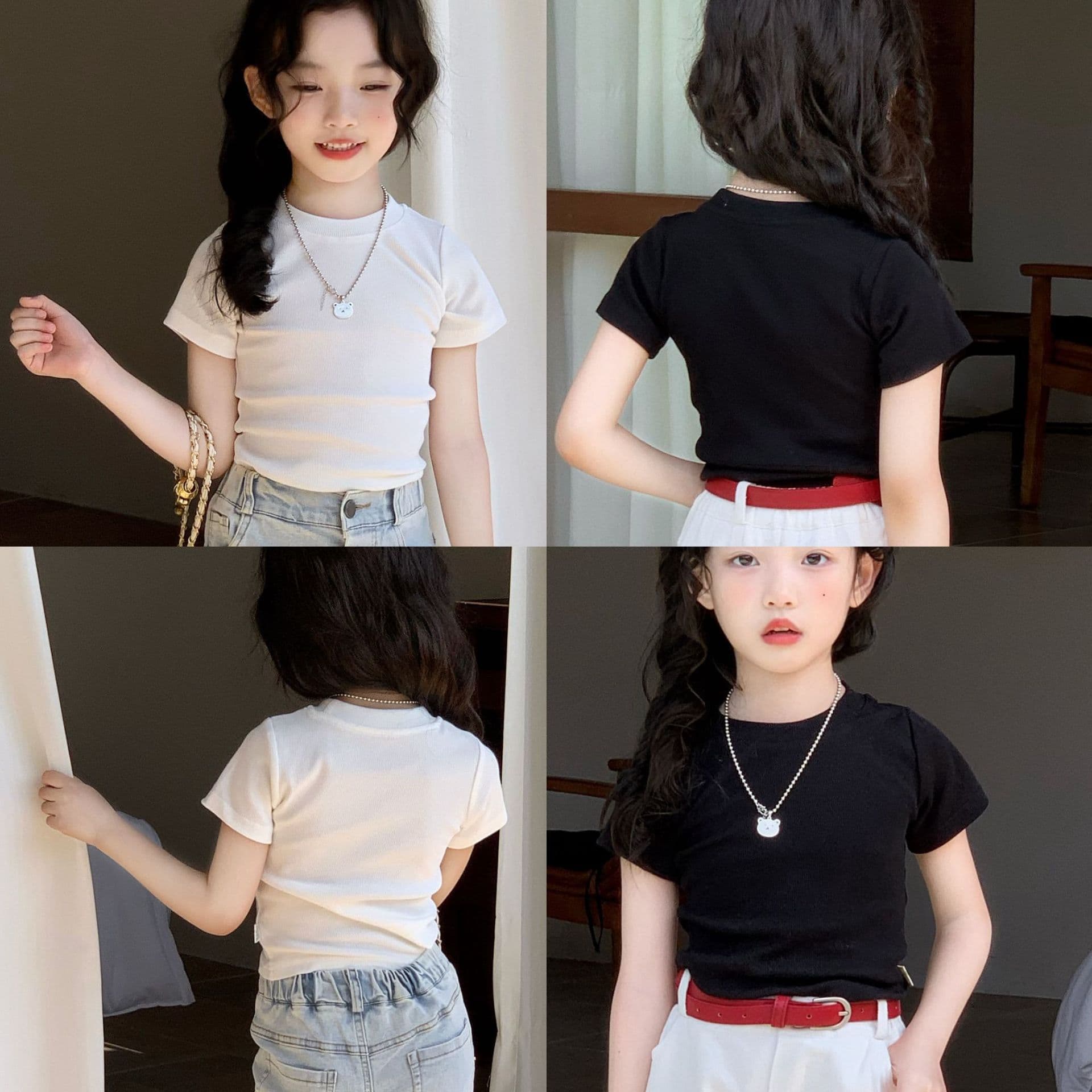 Girls T-Shirt 2026 Summer Slim Fit Sweet Spicy Inner Top Basic Black and White Two Colors Spicy Girl Regular Shoulder Round Neck Short Sleeve