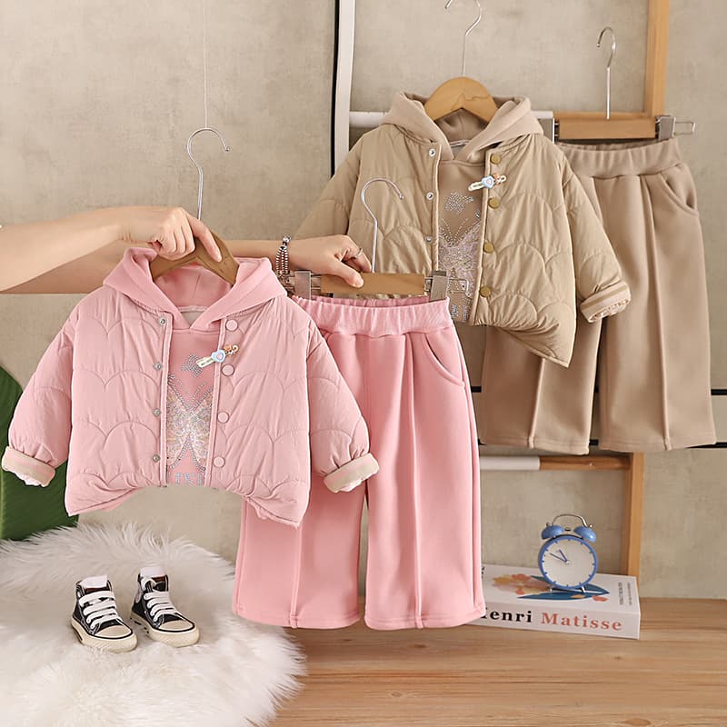 Girls' velvet cotton coat, thickened butterfly cotton coat suit, 2026 new baby and children's winter three-piece trendy winter clothing set