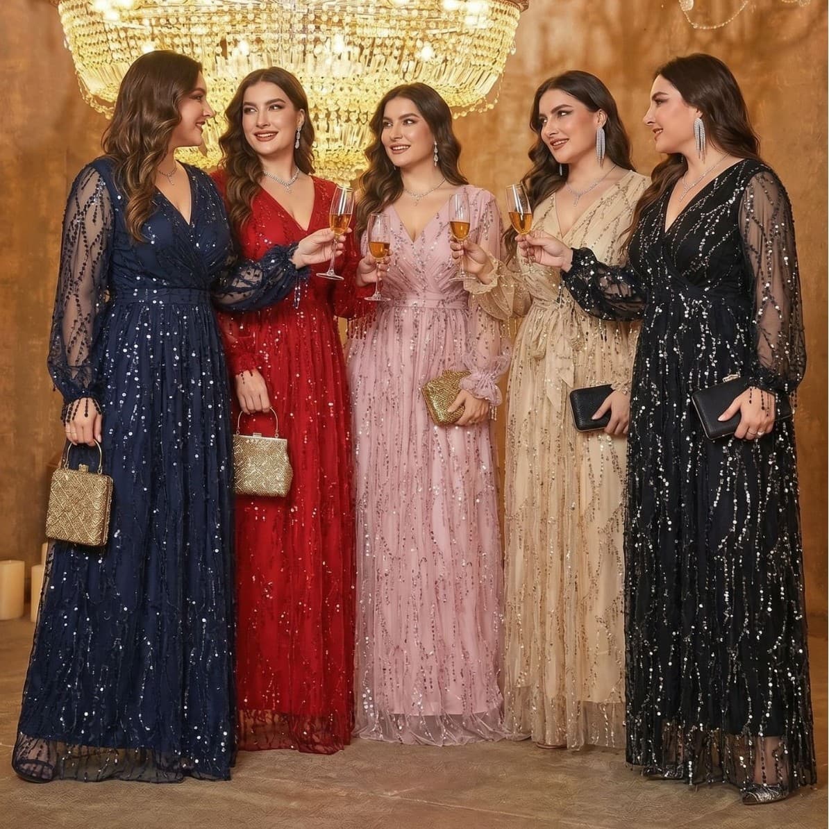 Cross-border Plus Size Women's V-Neck Long Sleeve Slit Sequin Elegant Bridesmaid Dress Slim Fit for Curvy Women