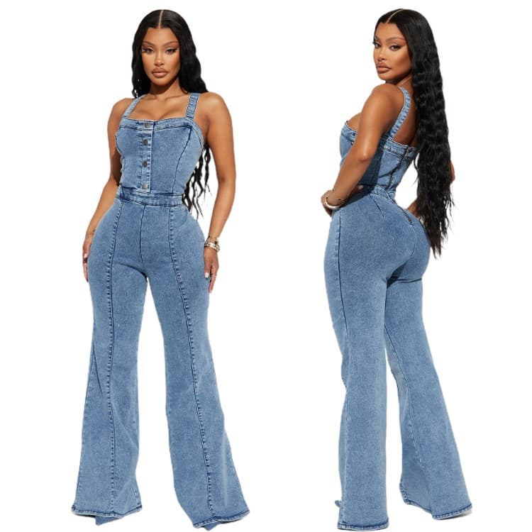 Women's Fashion Casual Sexy Denim Jumpsuit with Wide Leg and Flared Hem for Amazon US/EU Platform