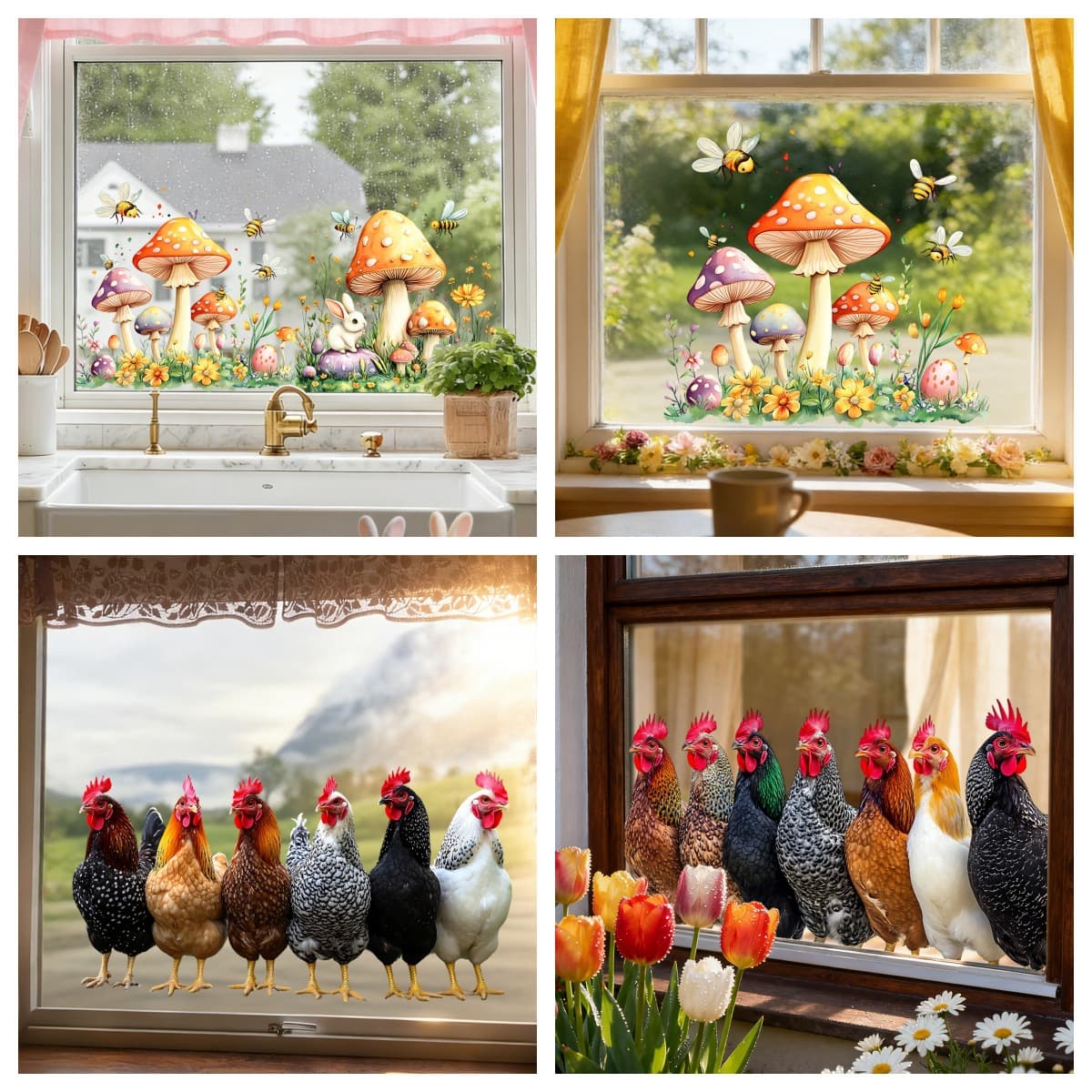Rustic Farmhouse Rooster Mushroom Rabbit Static Cling Transparent Glass Decal Festive Holiday Decor No-Glue Residue-Free Sticker