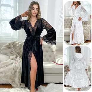 Feiyun Cross-Border Luxury Hooded Diamond Velvet Long Robe Sexy White Lace Trim Skin-Friendly Morning Gown 873