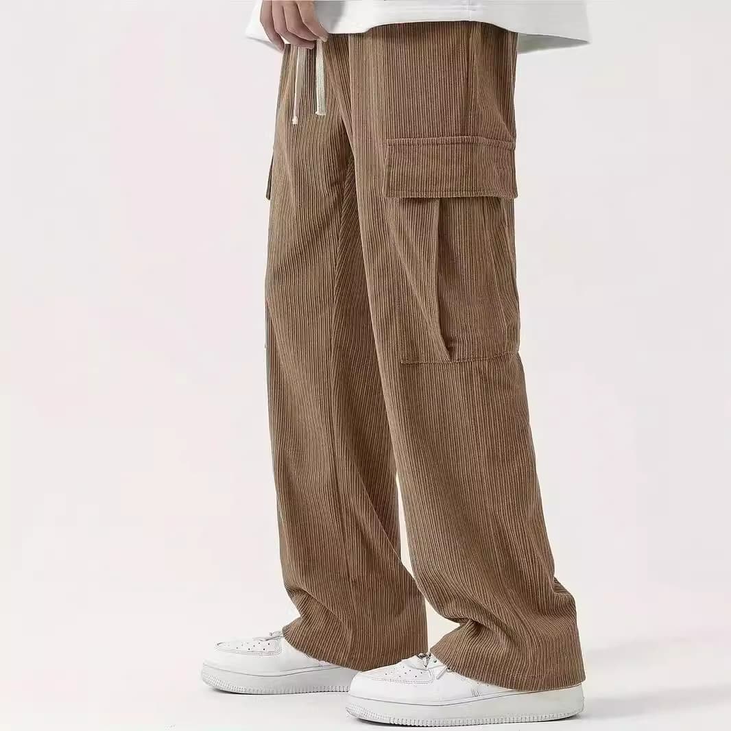 2024 Cross-border Amazon TEMU Large Size Corduroy Drawstring Cargo Pants Men's Trousers Striped Sweatpants for Men