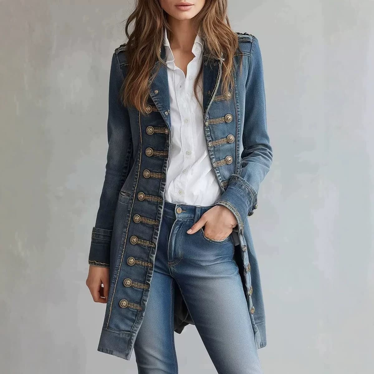 Cross-border American Vintage Distressed Denim Metal Button Decor Coat Stand Collar Double-Breasted Palace Style Slim Fit Jacket