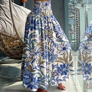 Vintage Blue Floral Print Wide Leg Pants High Waist Smocked Elastic Waist Split Vacation Casual Long Pants for Cross-Border EU/US