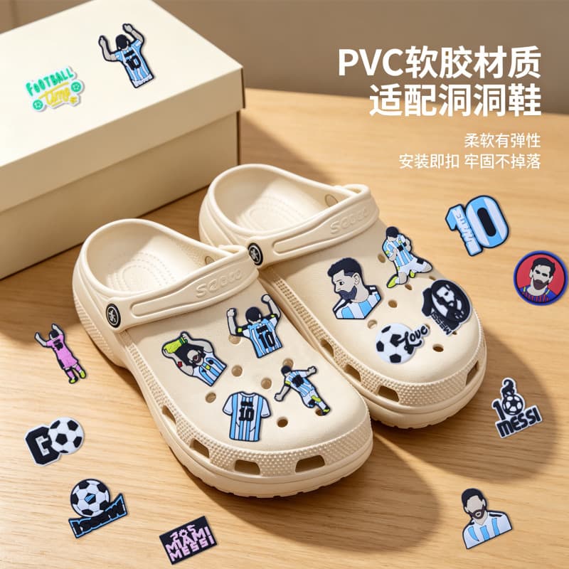 Factory wholesale football star Messi shoe charms, soft resin material, detachable shoe decorations for Crocs