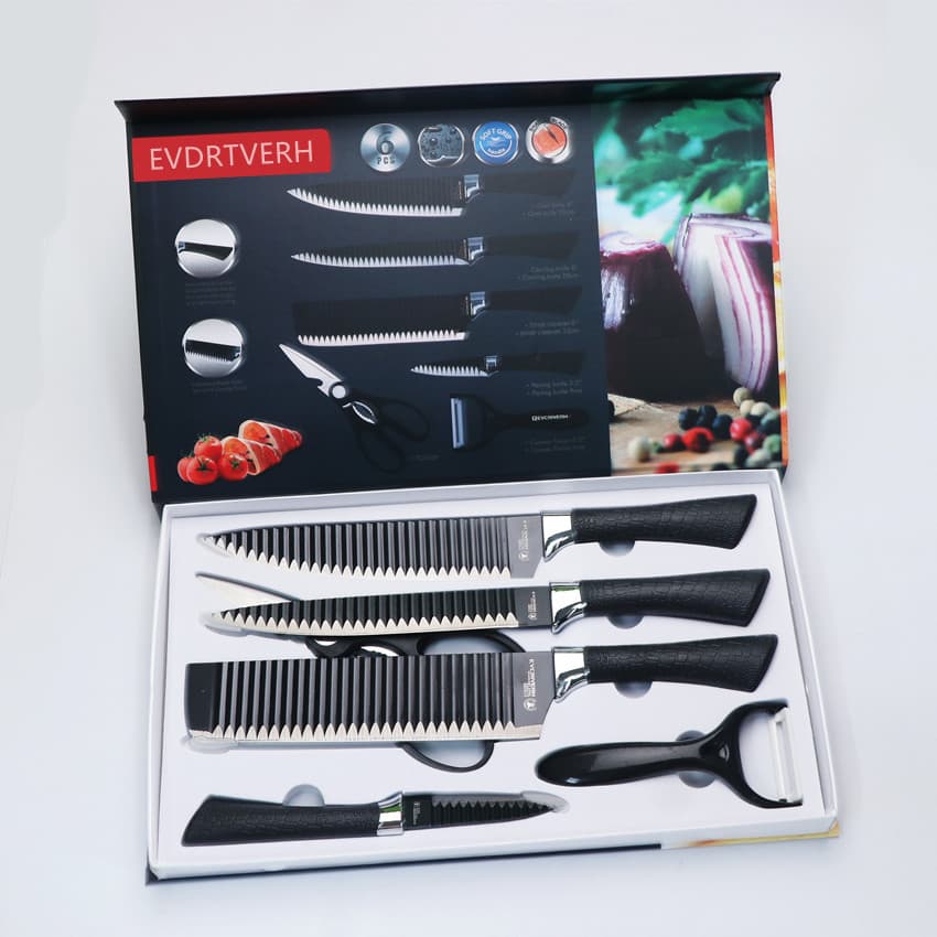 6-Piece Kitchen Knife Set, Chef Knife, Non-Stick Serrated Knife, Black Wave Blade Knife, Factory Direct Wholesale