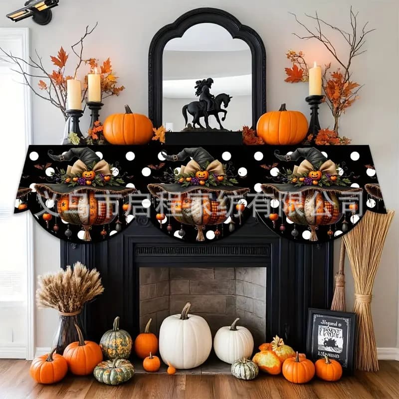 Fireplace Halloween-themed mantel decoration cloth, multicolored pumpkin and floral design, polyester short pile material