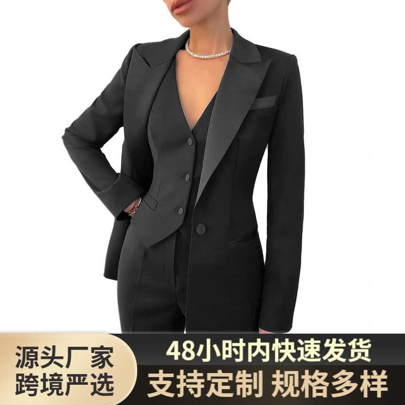 Women's 3-Piece Suit Set Business Casual Blazer Vest Trousers Slim Fit Black Office Wear
