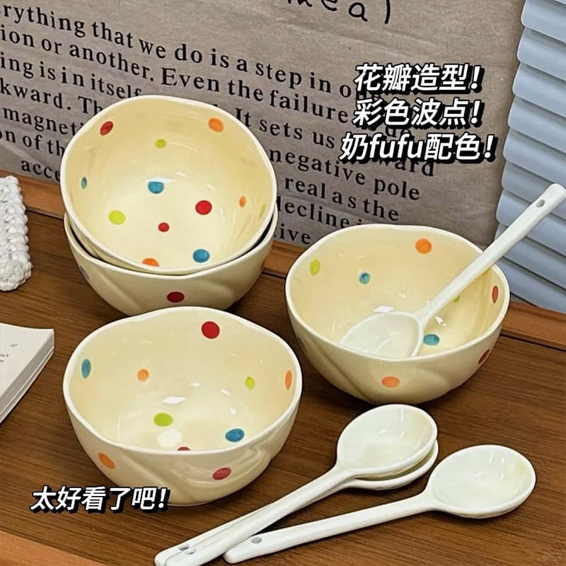 [Free shipping] Colorful polka dot hand-painted underglaze ceramic tableware set with high appearance, simple ceramic bowl and plate, large soup