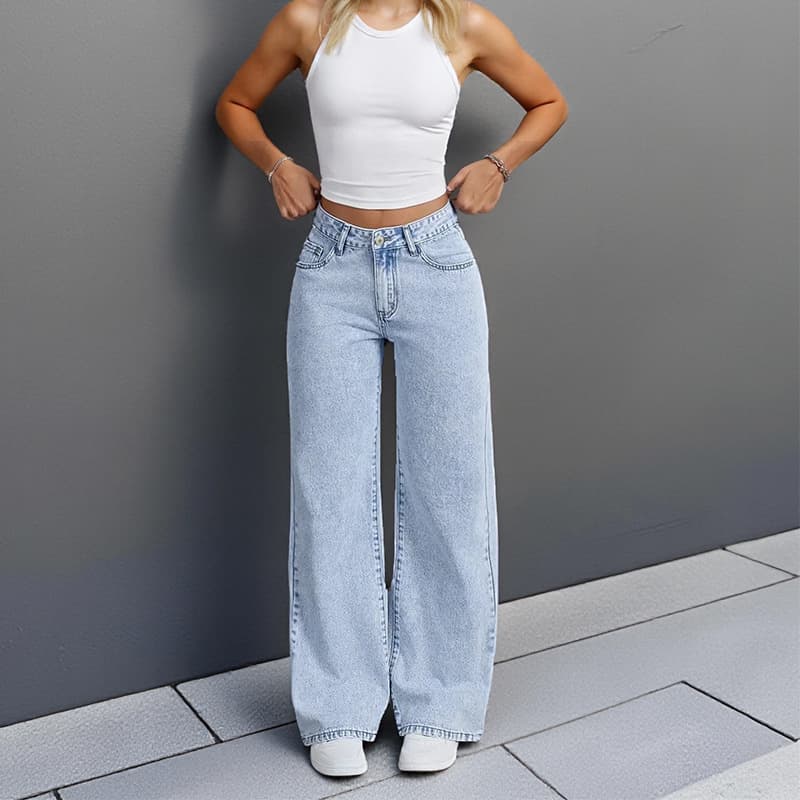 Cross-border Bestseller Amazon AliExpress Temu Light Blue Low-Waist Versatile Straight Wide-Leg Jeans for Women, Customizable for Export