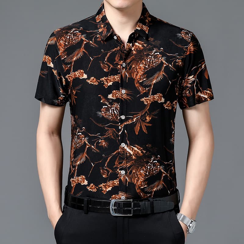 Summer new style ice silk flower shirt men's short-sleeved middle-aged men's high-end casual non-iron anti-wrinkle half-sleeved shirt for men