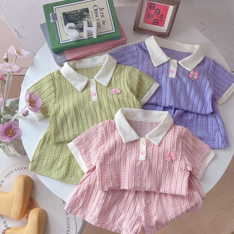 Girls Short Sleeve Set Summer Children 2026 New Baby Solid Jacquard Casual Sweet Polo Two-Piece Set