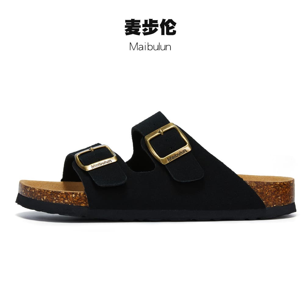 Maibulun Flat Non-Slip Cork Sandals Unisex Beach Outdoor Home One-Strap Matte Leather Summer Ins Style