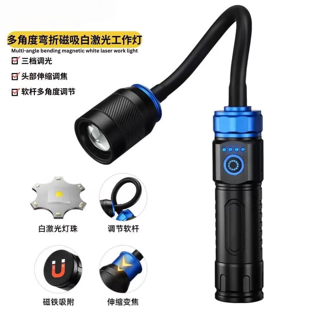 Cross-border magnetic work light that can be bent at multiple angles, car inspection light, USB rechargeable white laser zoom flashlight