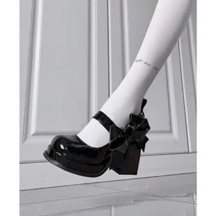 Black Leather Shoes for Women Spring Butterfly Bow Thick Sole Mary Jane Platform High Heel Barbie Shoes Round Toe Chunky Heel Lo Shoes