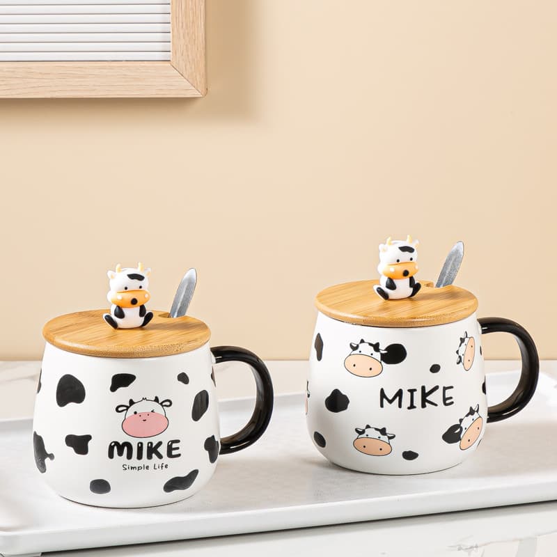 Cartoon Cute Ceramic Water Cup with Lid and Spoon Large Capacity Mug Household Coffee Milk Cup Student Couple Cup