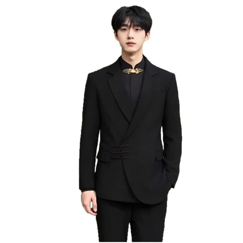 Mature Style Men's New Chinese Irregular Frog Button Suit for Engagement Wedding
