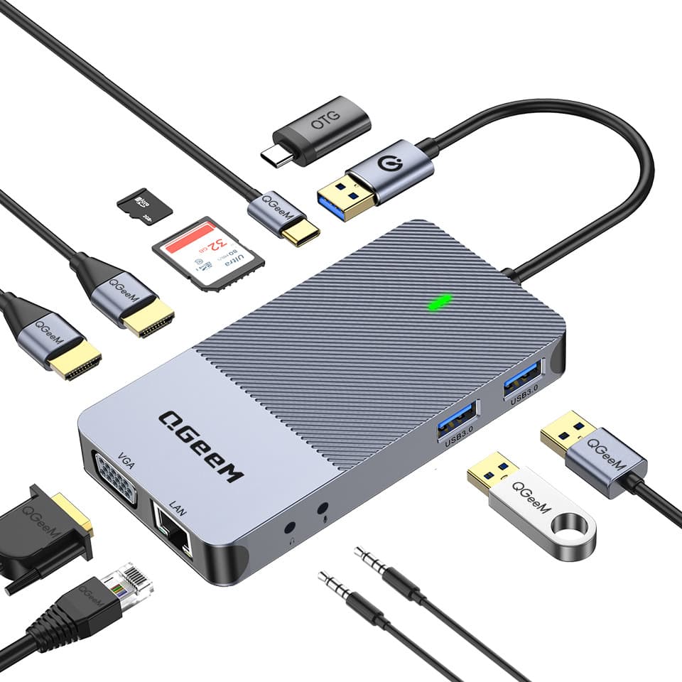 Qgeem 11-in-1 USB Docking Station Displaylinkhub Triple Display Hub Type-C Docking Station
