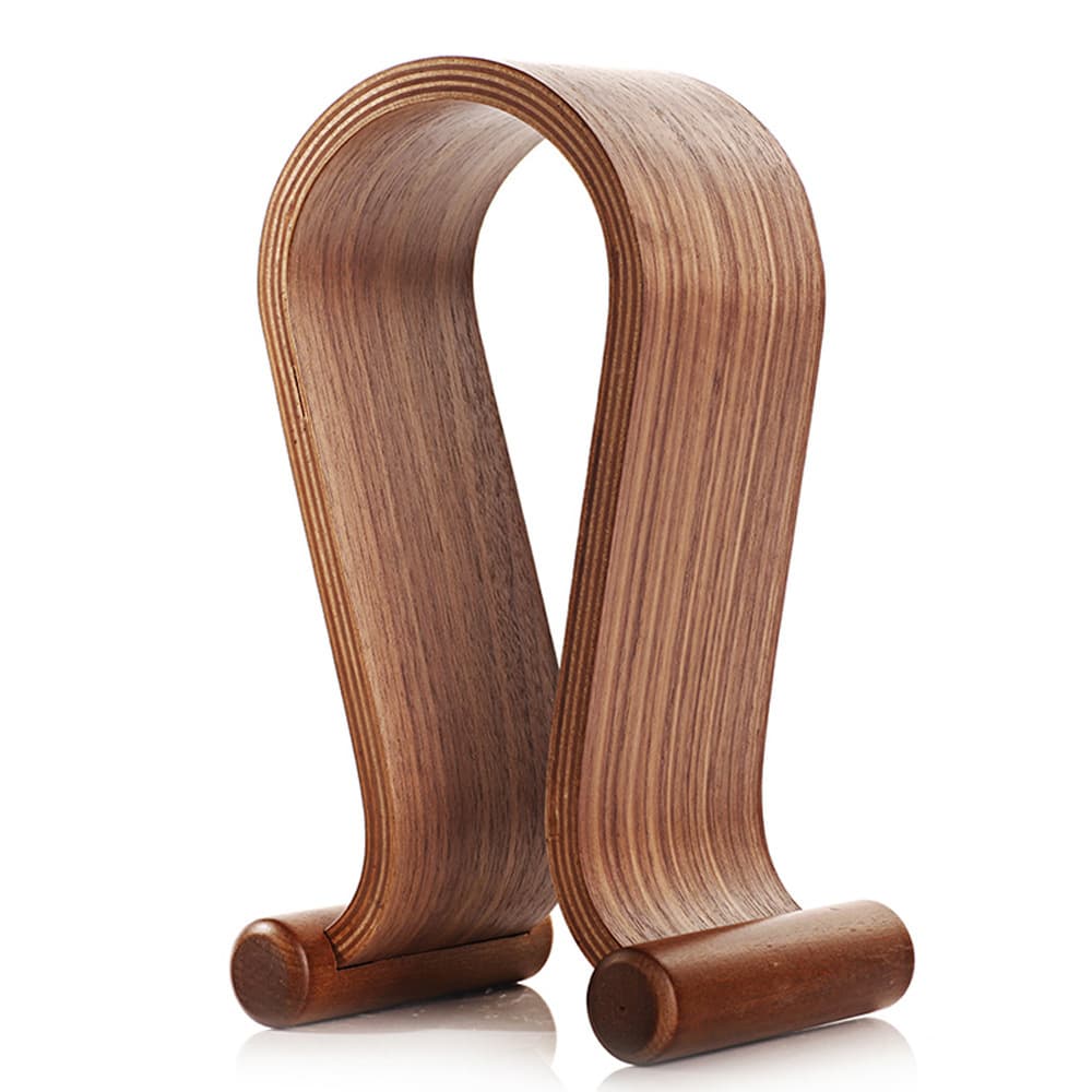 Amazon source manufacturer in-ear headphones with walnut wood stand and U-shaped bracket display.