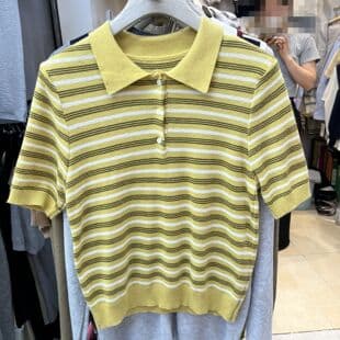 Amazon Cross-Border Korean Casual Contrast Stripe Polo Knit Top, Slim Fit Breathable Top for Petite Figures