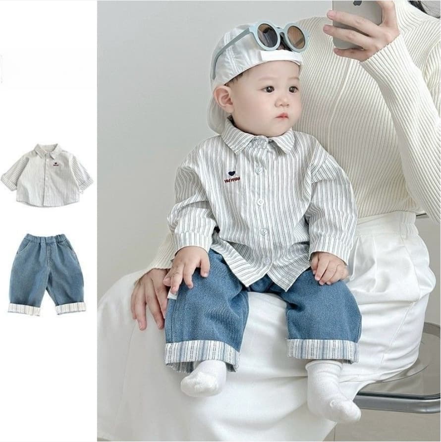 Baby split suit baby boy striped shirt jeans suit boy's clothing baby pants 612 months