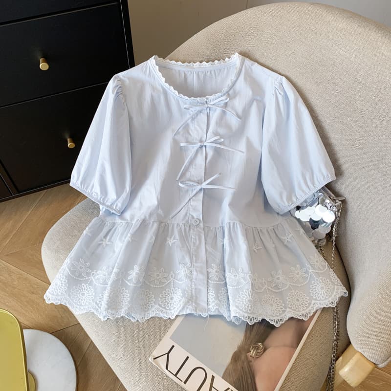 Spot summer solid color temperament slimming age versatile bow bubble lace short-sleeved shirt for women