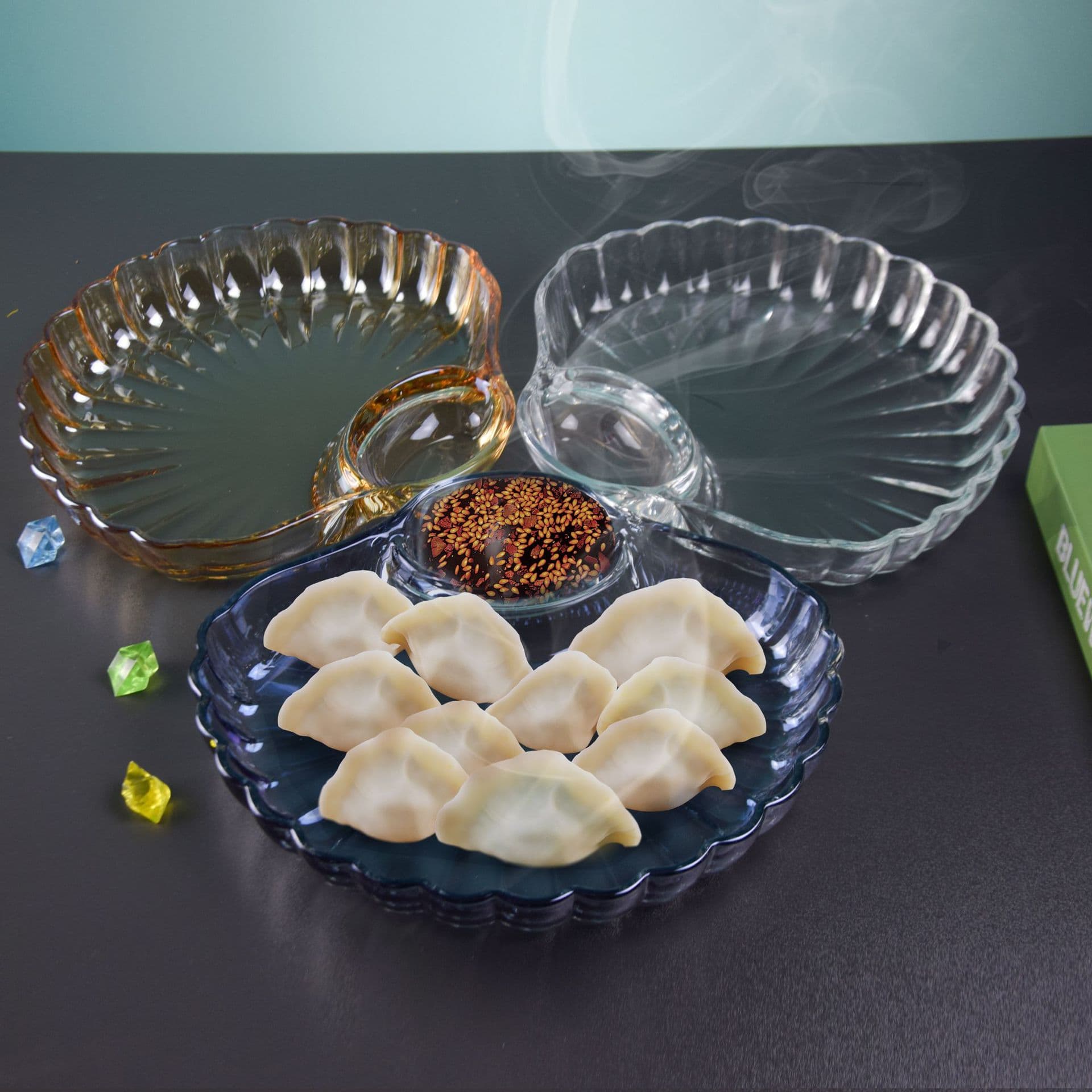 Dumpling Plate Glass Plate Simple Large Snack Dish Ins Atmosphere Food Plate Afternoon Tea Dipping Sauce Shell Dish