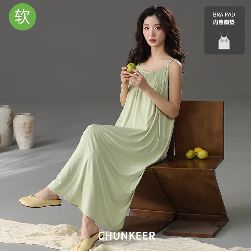 Women's Modal Sleep Dress with Chest Pad Long Gown Home Clothes Can Be Worn Outside Strap Nightgown Comfortable Breathable
