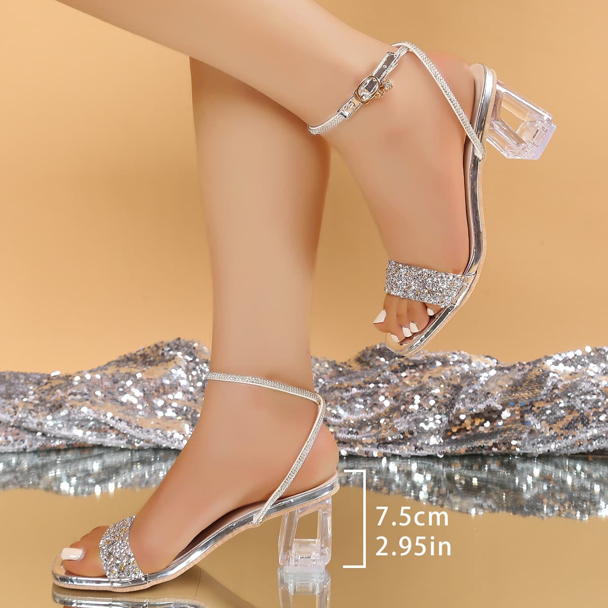 Elegant Sequins Large Size Mid Heel Sandals Women 2025 Summer New Crystal Heel Fashion European American Export Sandals Size 43