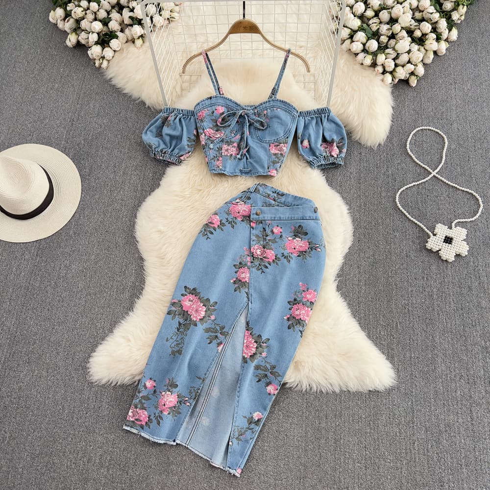 Denim Fashion Set for Women Chic Camisole Top Two-Piece Set High Waist Irregular Split Midi Skirt Summer